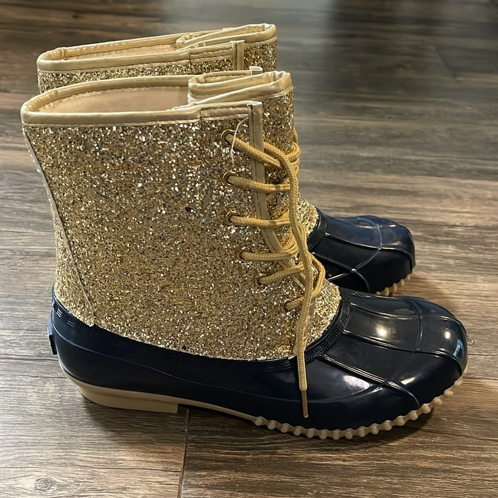 Sugar Gold and Navy Women's Waterproof Duck Boots - Picture 4 of 9
